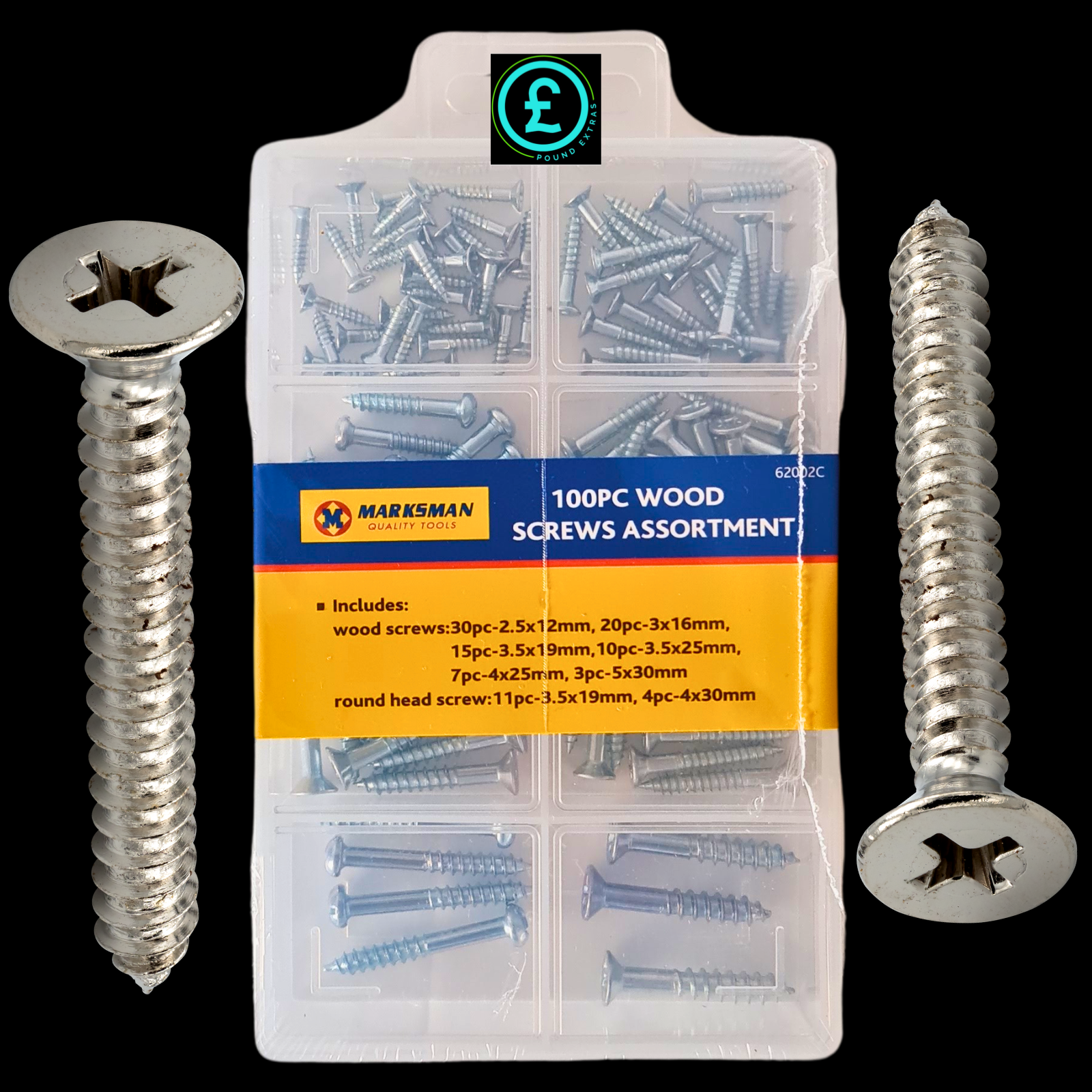 Packaged set of wood screws with a clear plastic container on a white background