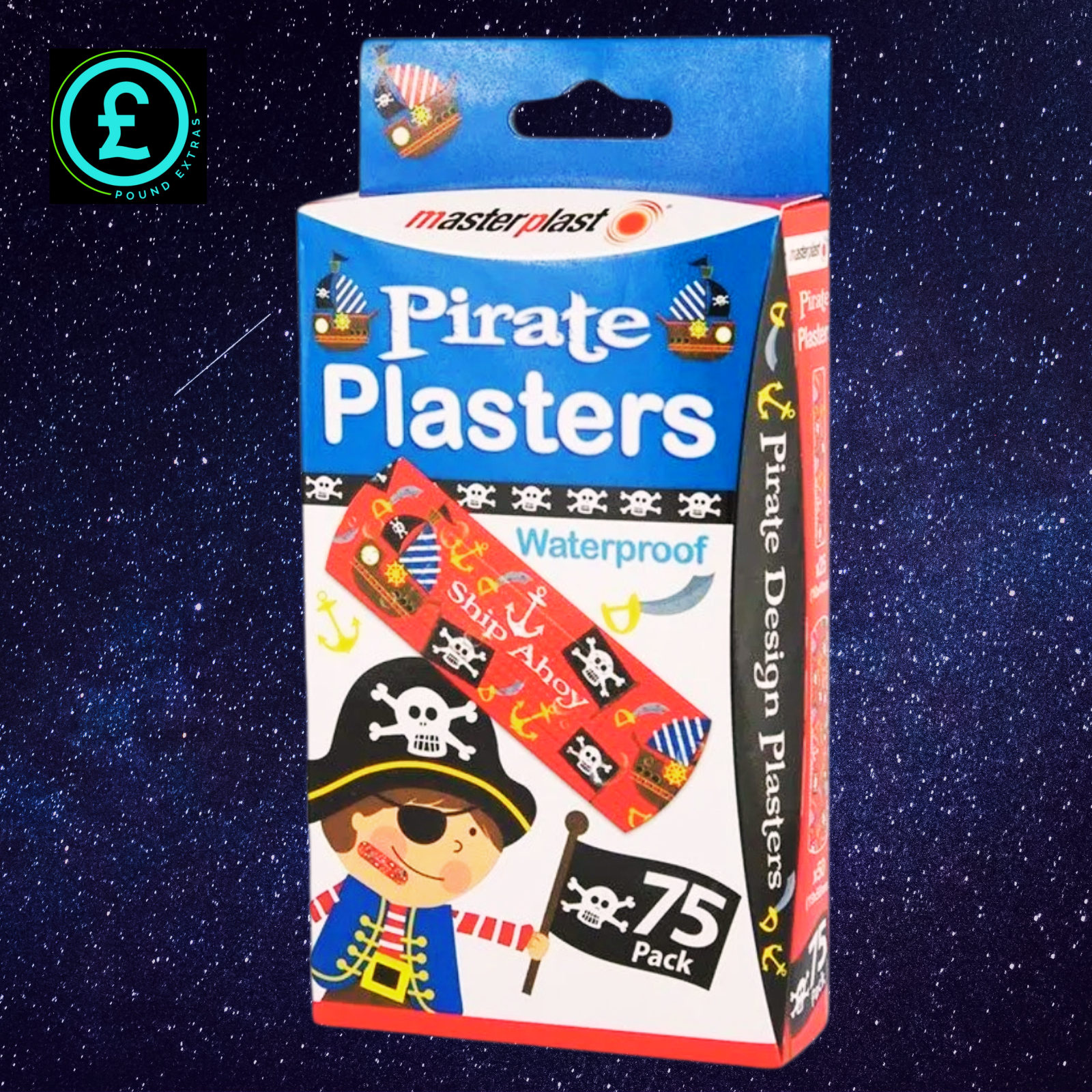 Pack of pirate-themed plasters with a blue background