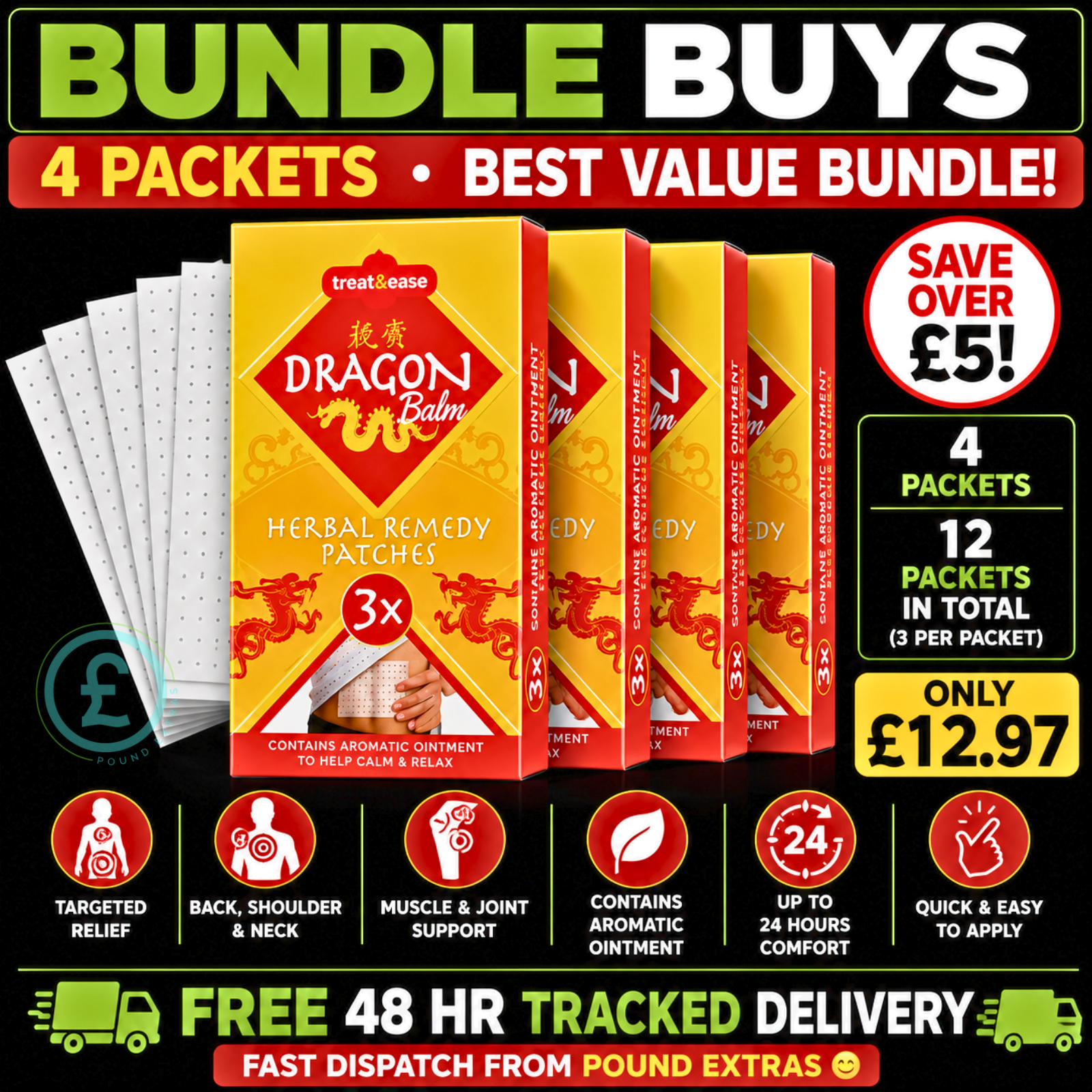 Dragon Balm Herbal Patches 12 Pack Bundle Back Neck Muscle Heat Calm And Relax0