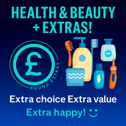Promotional graphic for health and beauty products with Pound Extras logo on a blue background