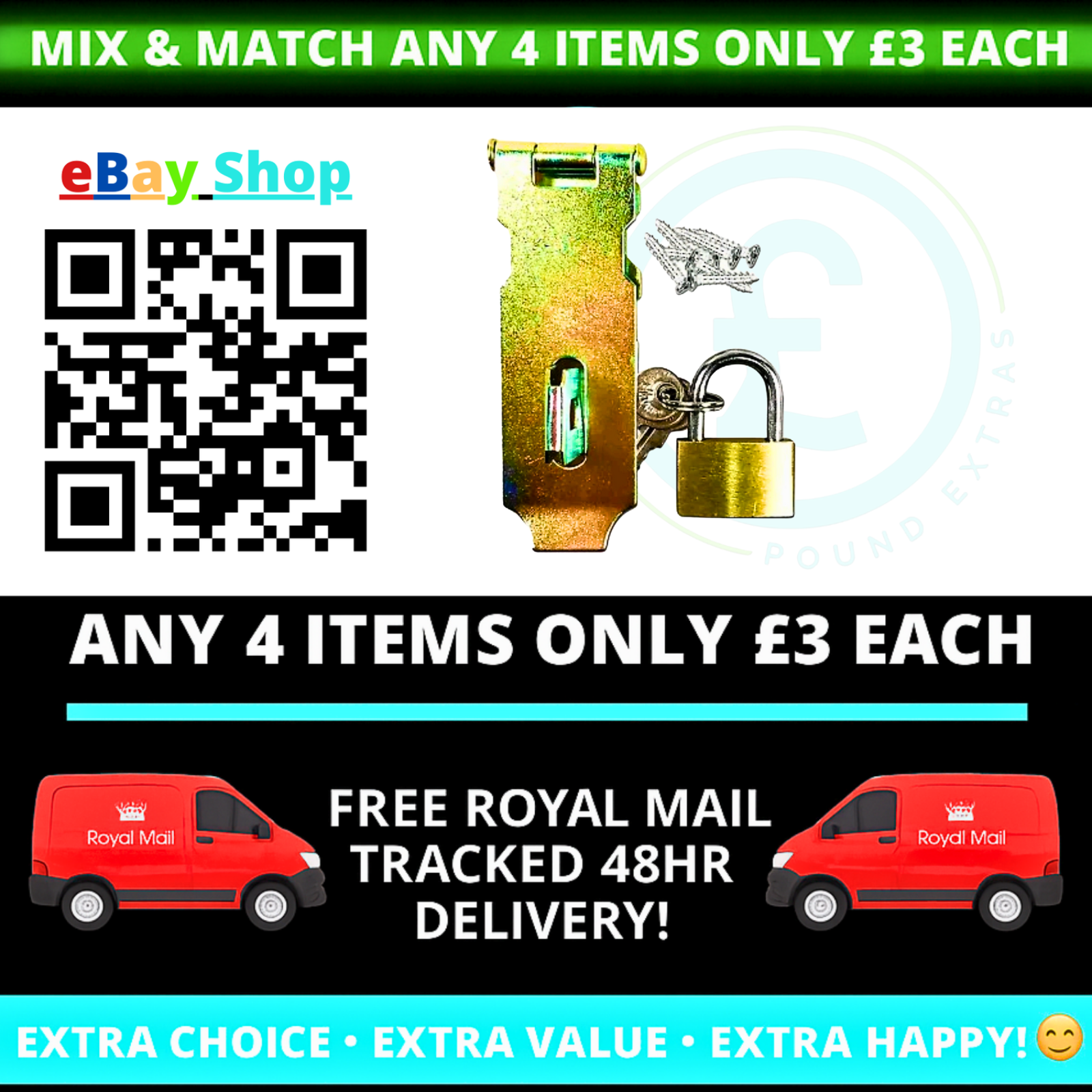 Promotional graphic for eBay Shop with a lock, QR code, and Royal Mail delivery vans.