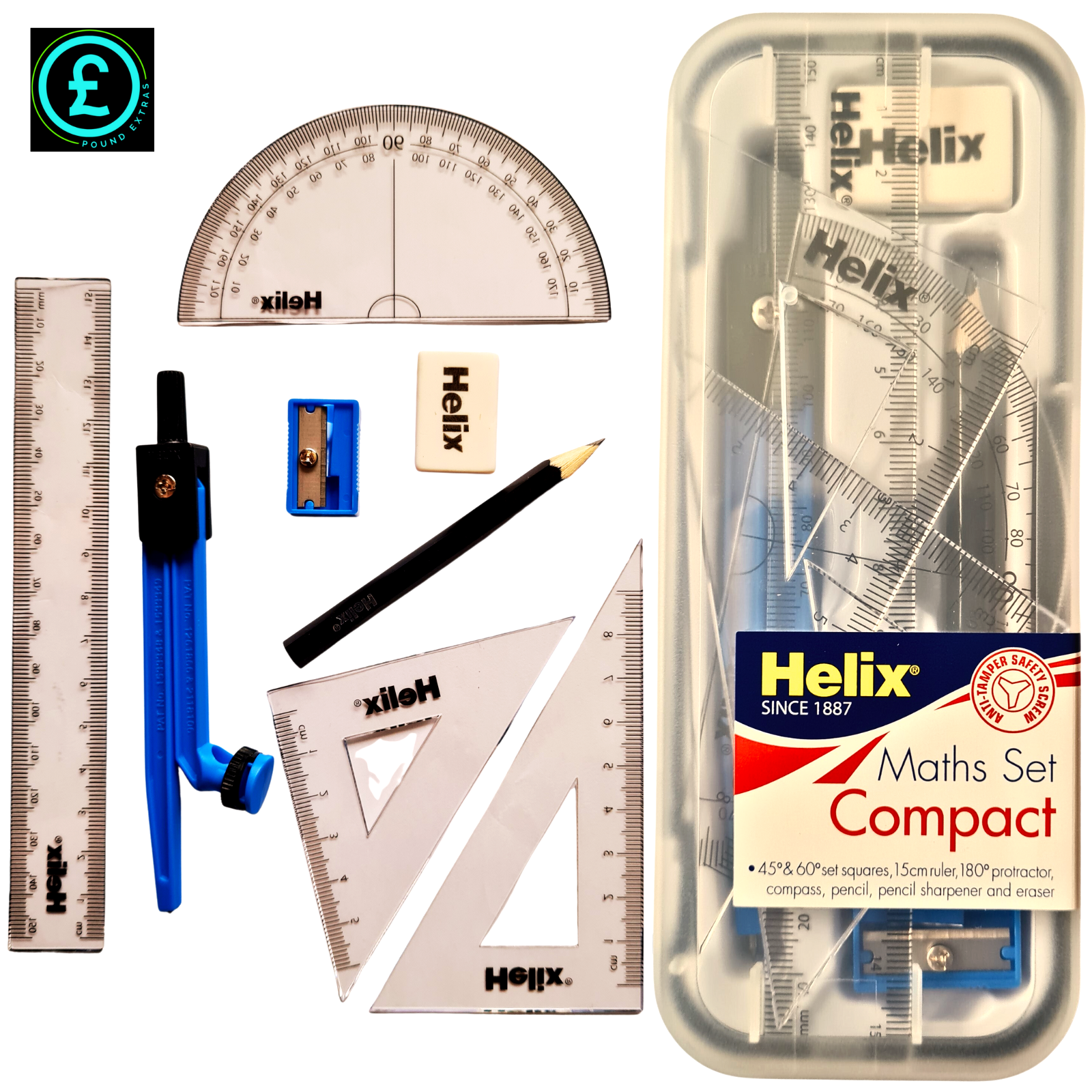 Helix Maths Set Compact with various mathematical tools on a white background