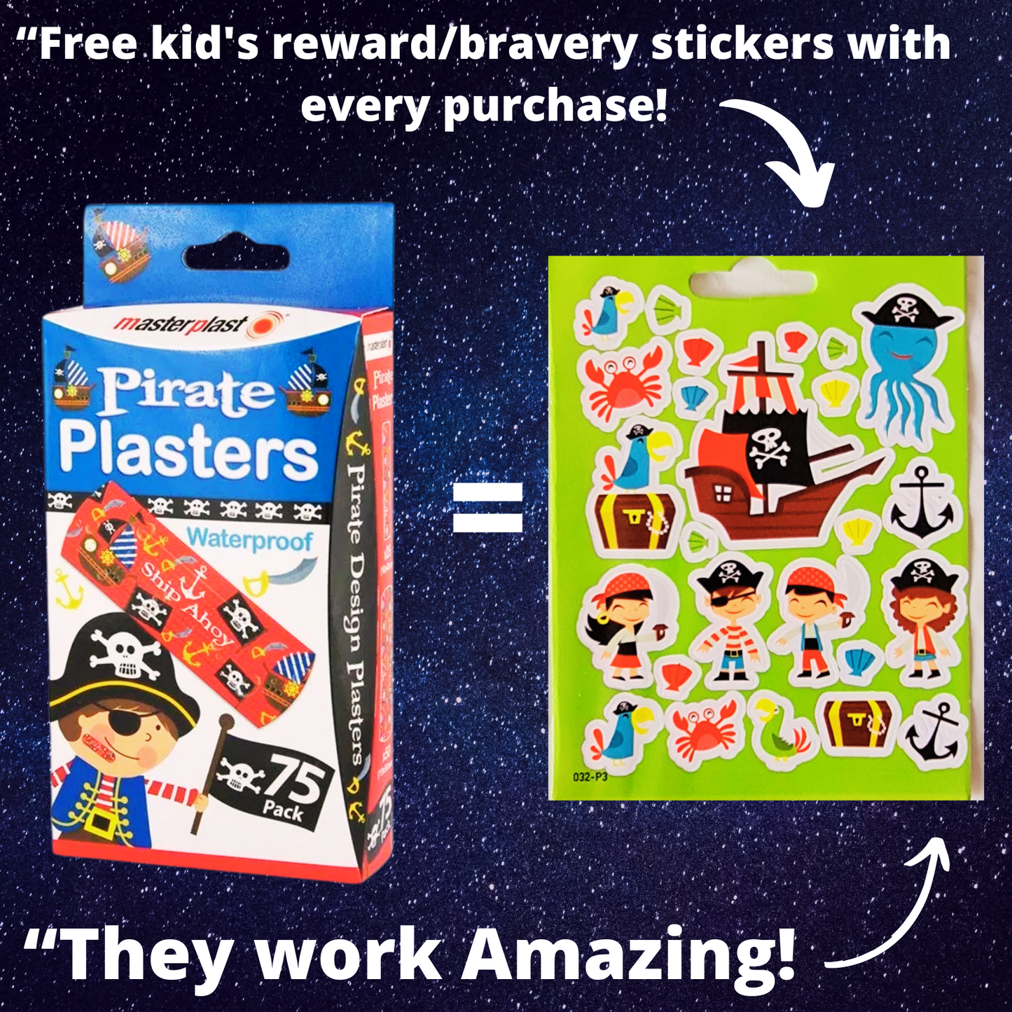 Pirate-themed plaster packaging with a sheet of stickers on a dark blue background