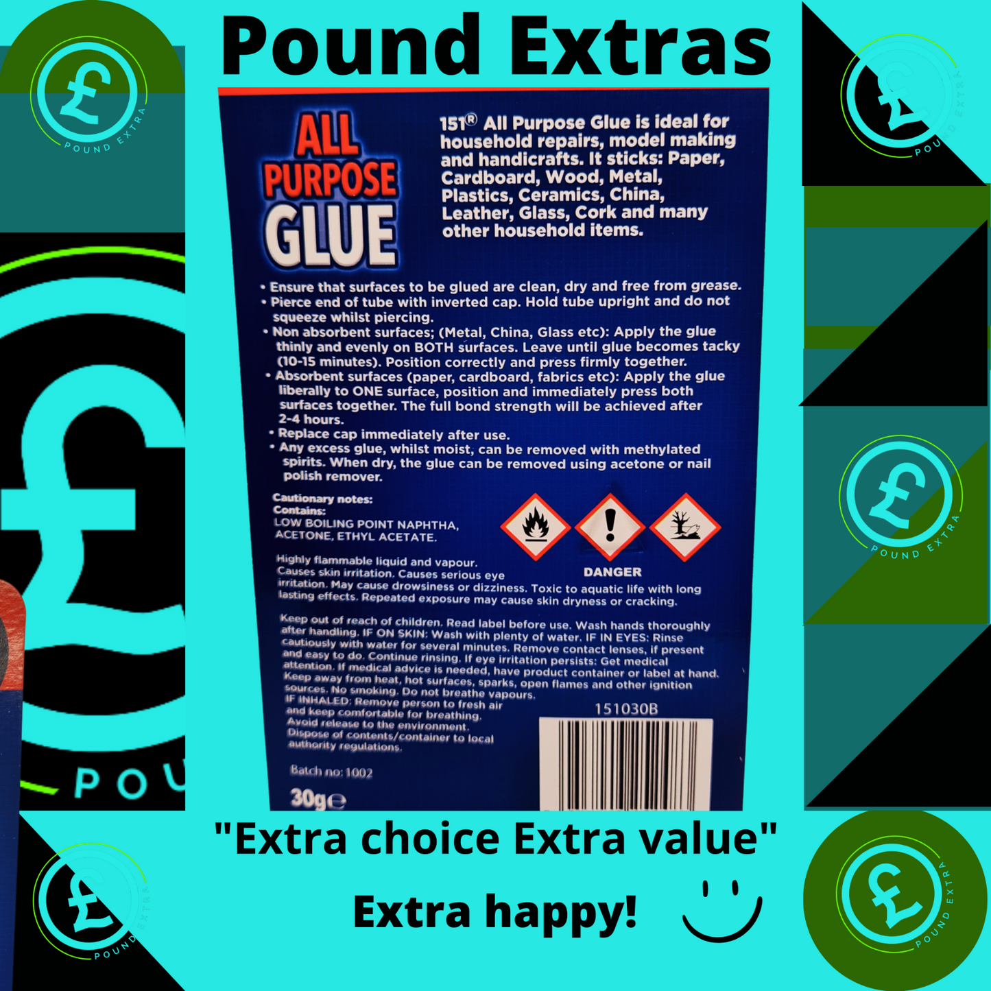 All Purpose Glue packaging with text and Pound Sterling symbol on a colorful background