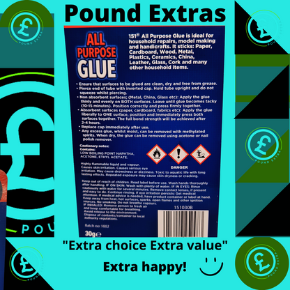All Purpose Glue packaging with text and Pound Sterling symbol on a colorful background