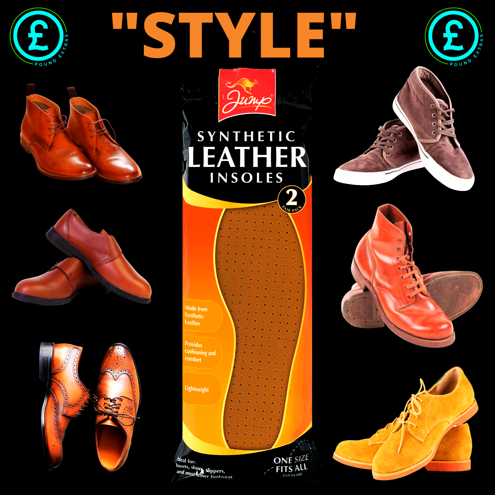 Package of synthetic leather insoles with various shoes displayed around it.