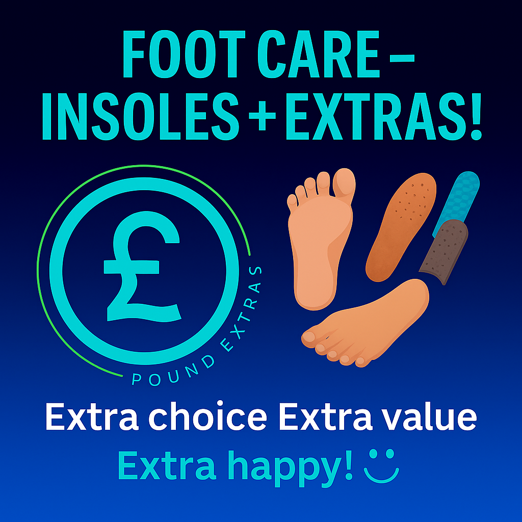 Advertisement for foot care products with cartoon feet, insoles, and a pound sign on a blue background.