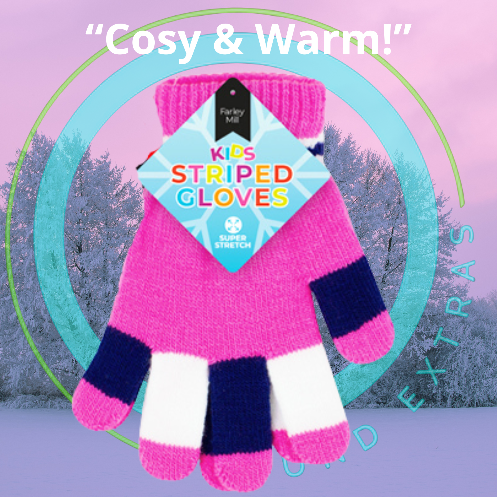 Pink and blue striped gloves with a tag on a winter background