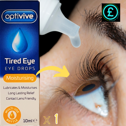 Optivive Tired Eye Eye Drops packaging with a close-up of an eye applying the drops.