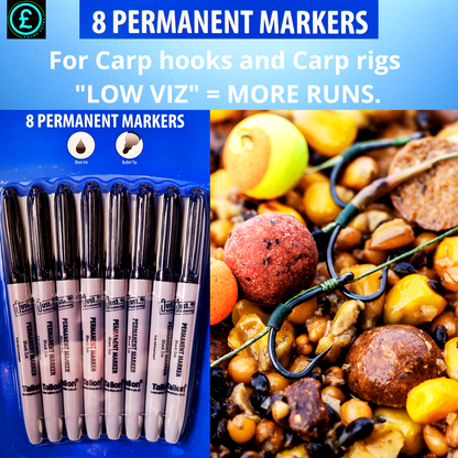 Pack of permanent markers for carp fishing with bait and hooks displayed.