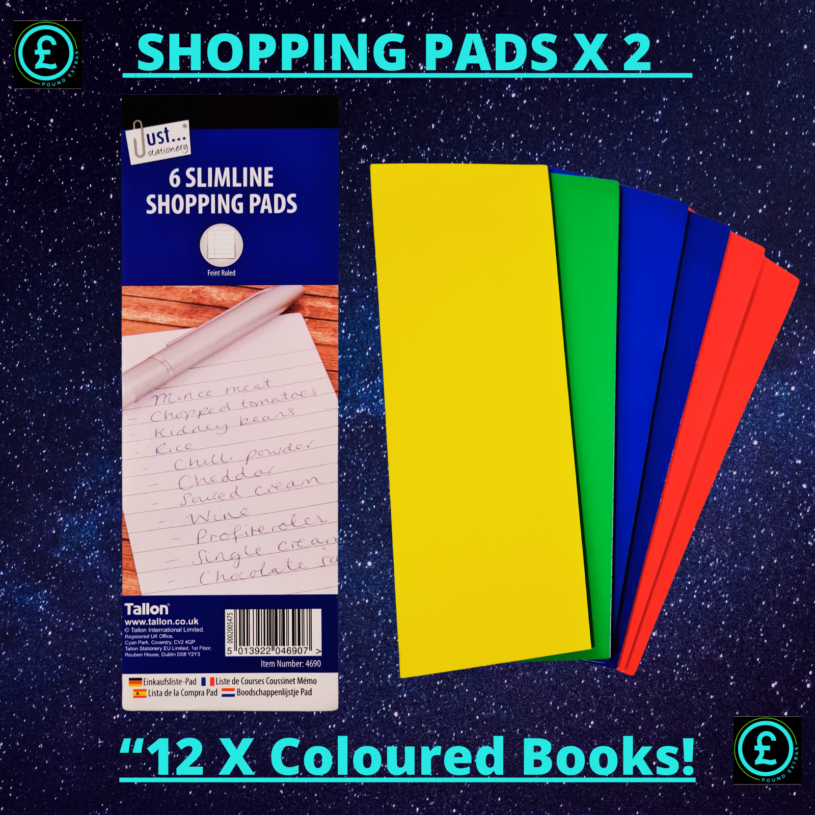 Packaging of slimline shopping pads with a set of colored books on a starry night background.