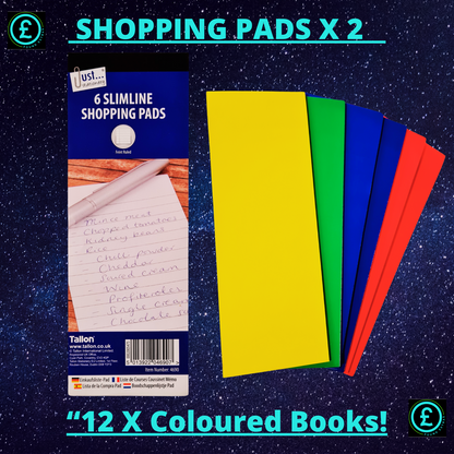 Packaging of slimline shopping pads with a set of colored books on a starry night background.