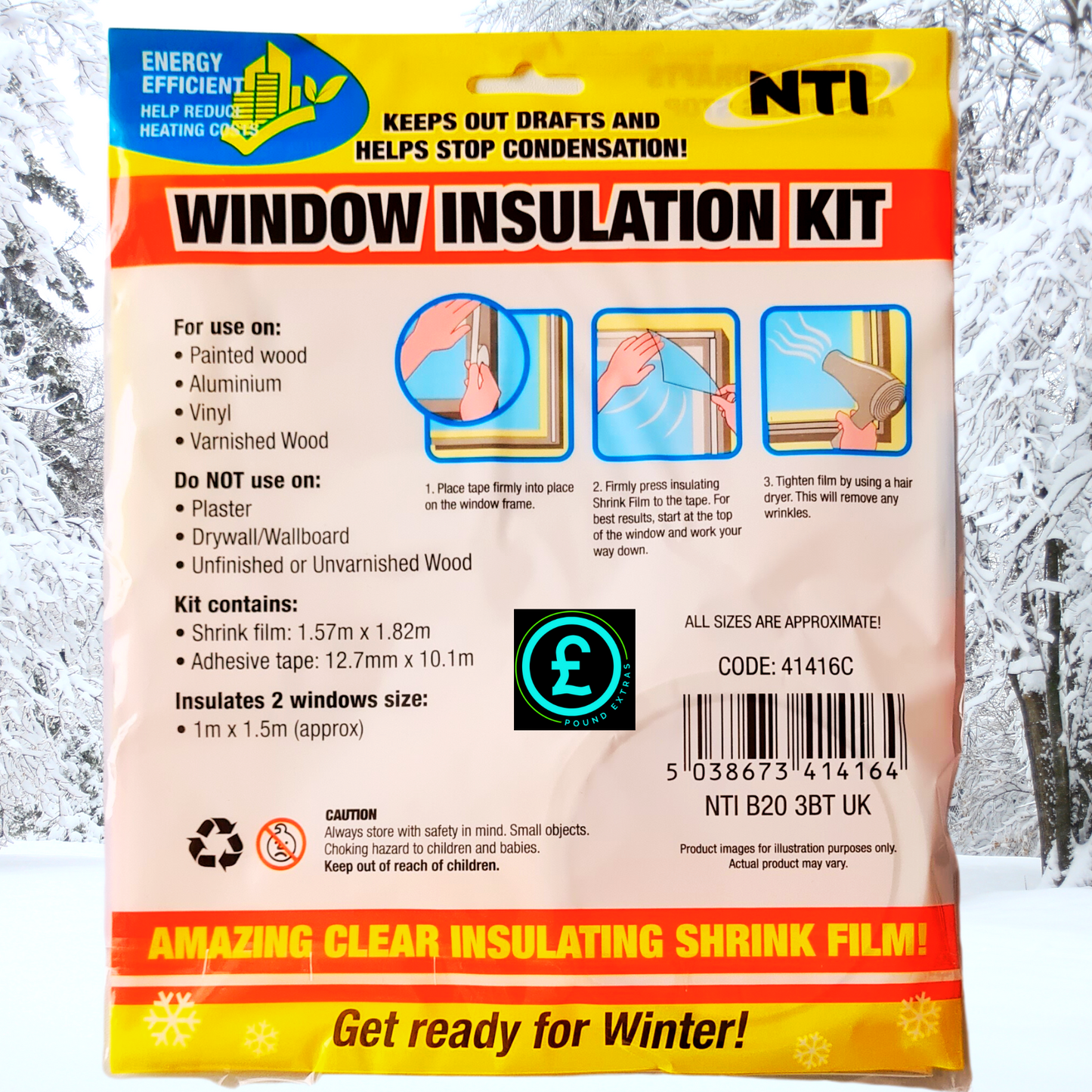 Window insulation kit packaging with winter scene background