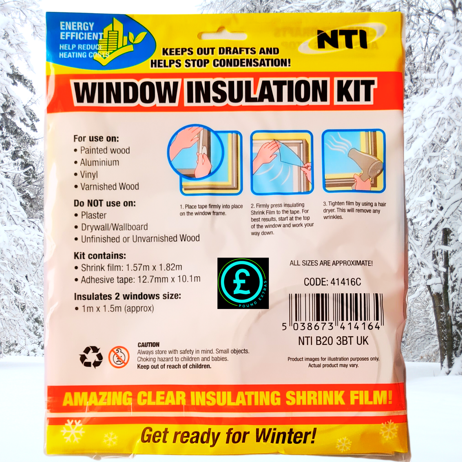 Window insulation kit packaging with winter scene background