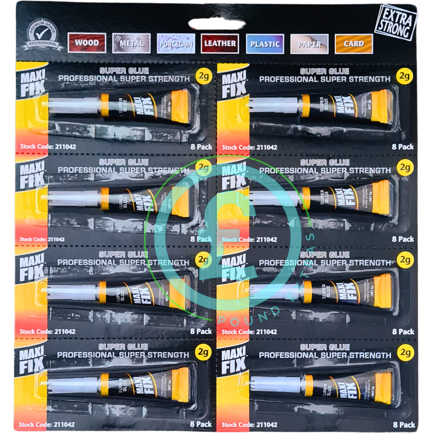 Packaging of Maxi Fix Super Glue sticks with colorful design on a black background