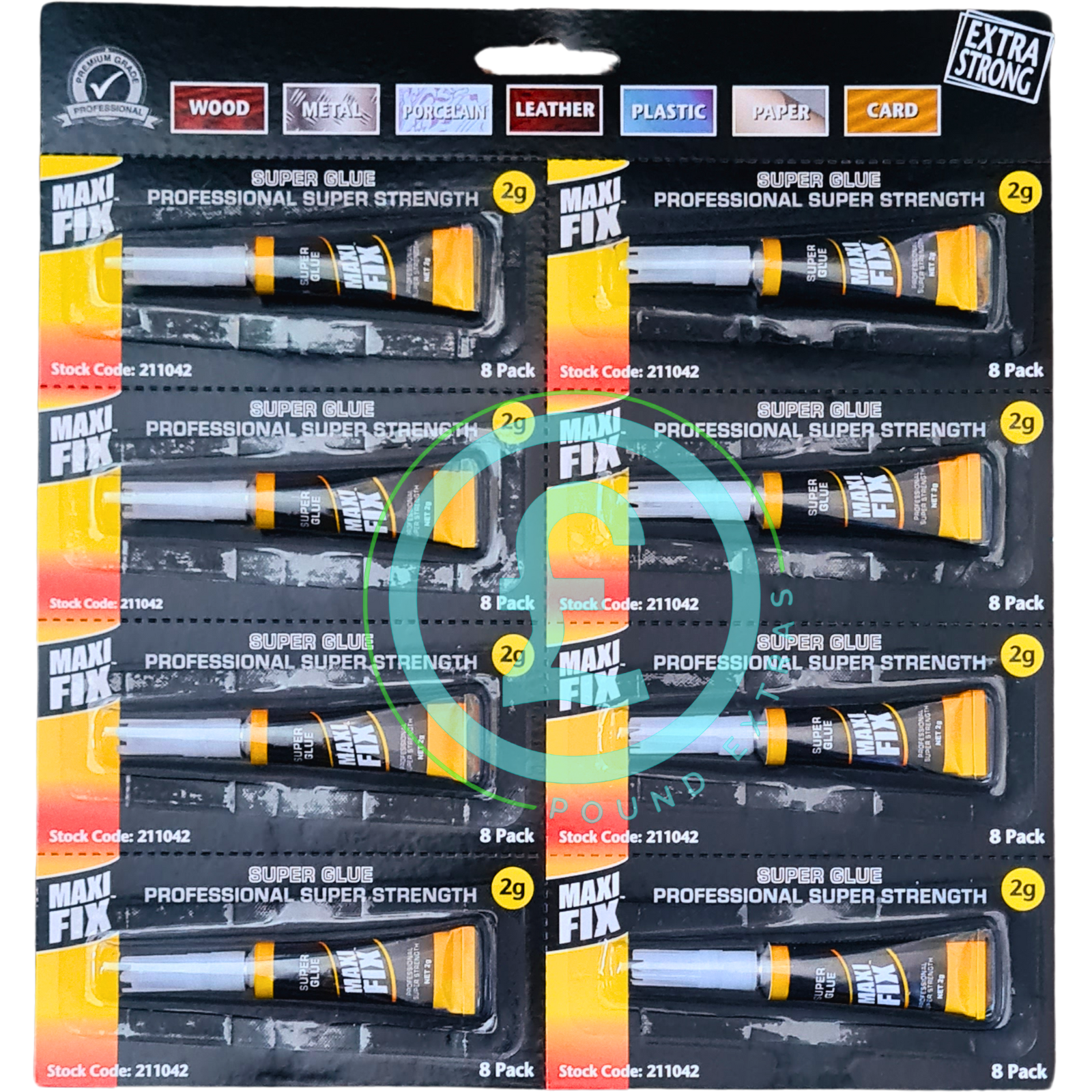 Packaging of Maxi Fix Super Glue sticks with colorful design on a black background