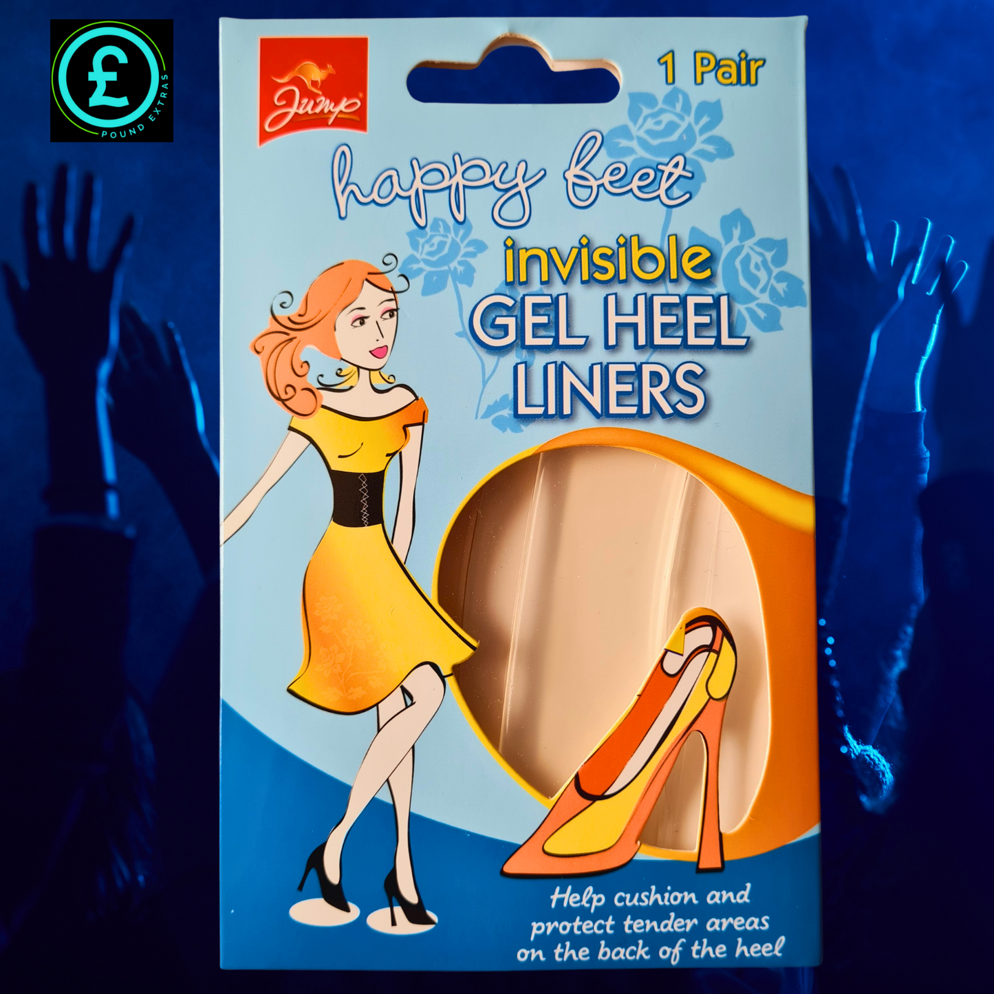 Packaging of 'happy feet' invisible gel heel liners with a cartoon woman and shoe illustration.