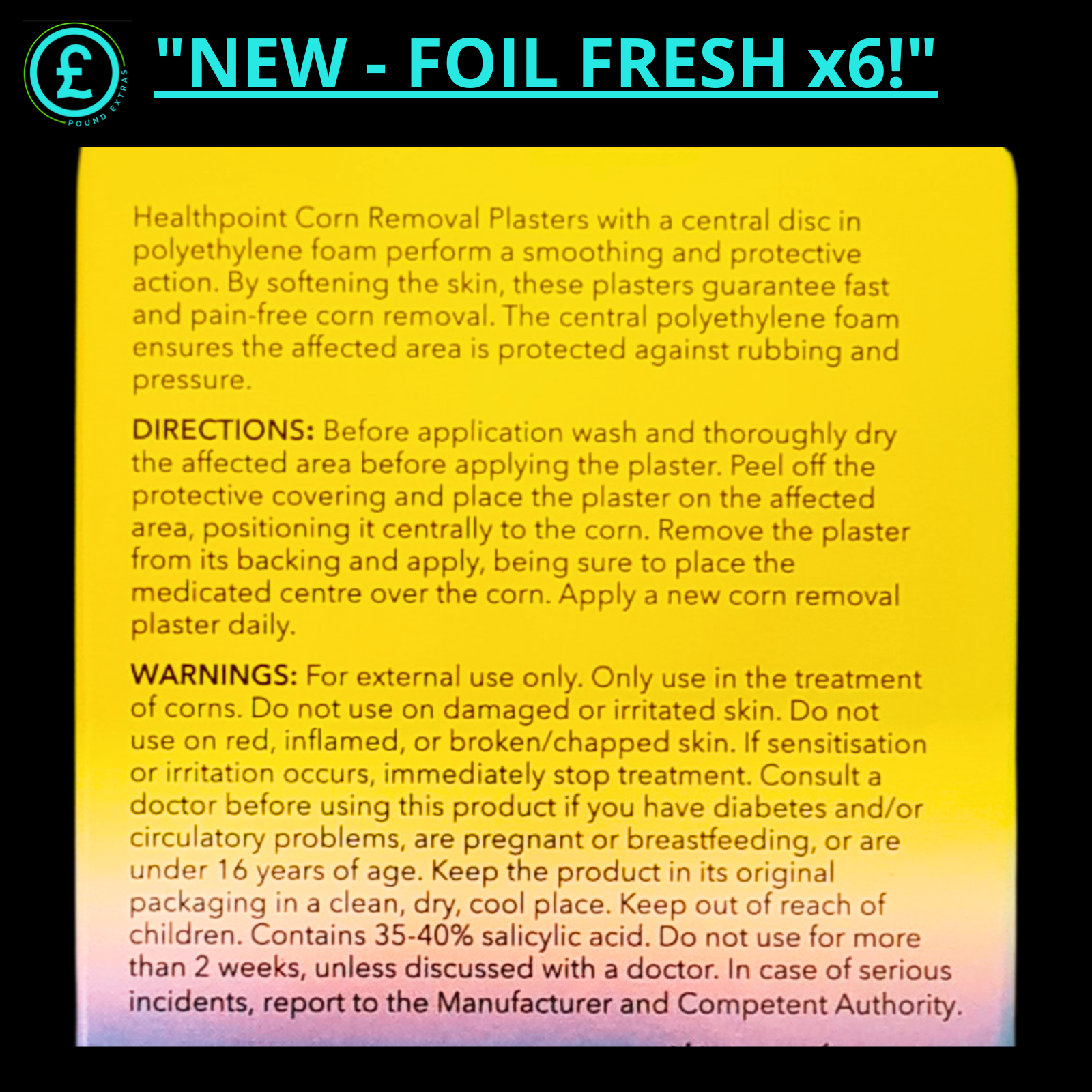 Healthpoint corn removal plaster packaging with text and directions on a yellow background