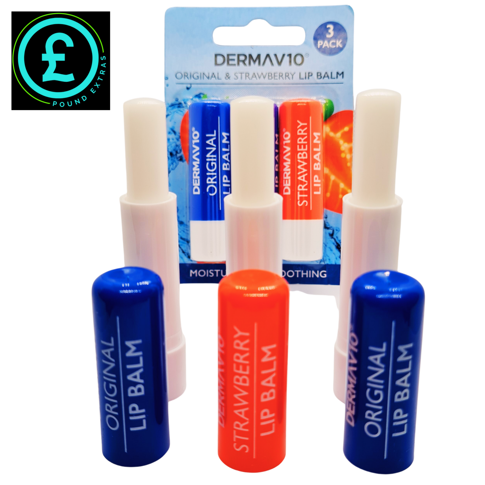 Lip balm packaging with 'Dermav10' branding on a white background