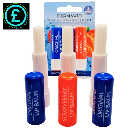 Lip balm packaging with 'Dermav10' branding on a white background