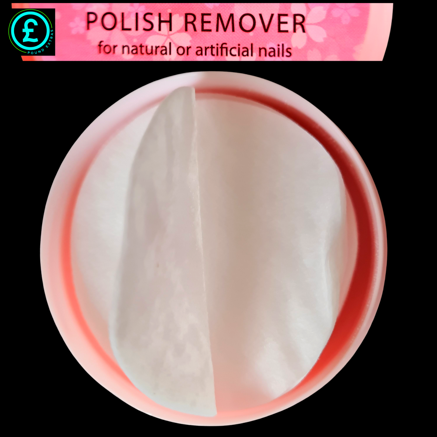 Polish remover pad with pink container on a black background
