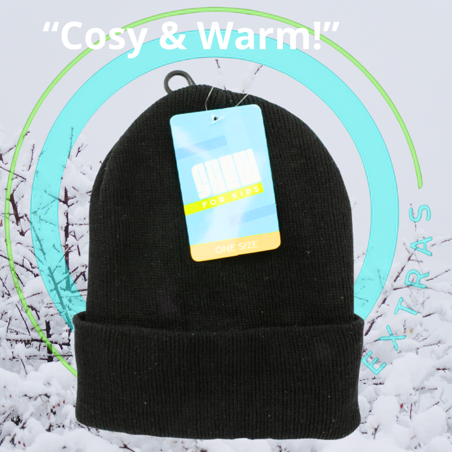 Black beanie with a tag on a snowy background, labeled 'Cosy & Warm'.