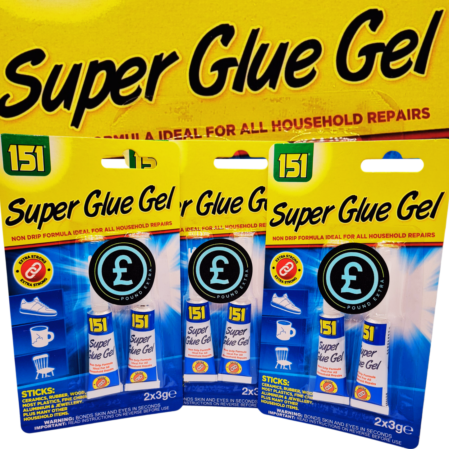 Packaging of 151 Super Glue Gel with yellow and blue design