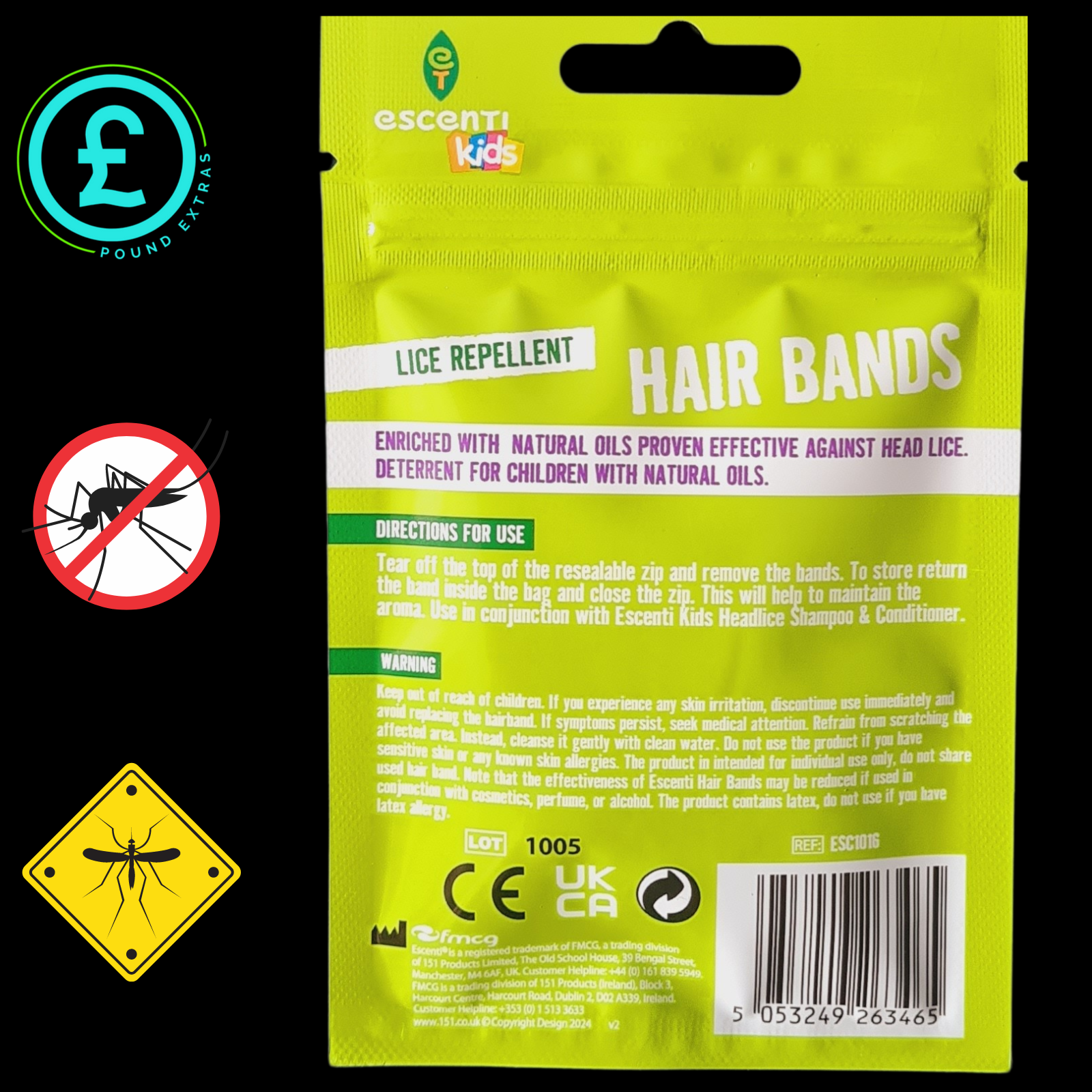 Back of a yellow package for Escenti Kids hair bands with lice repellent, showing text and symbols.