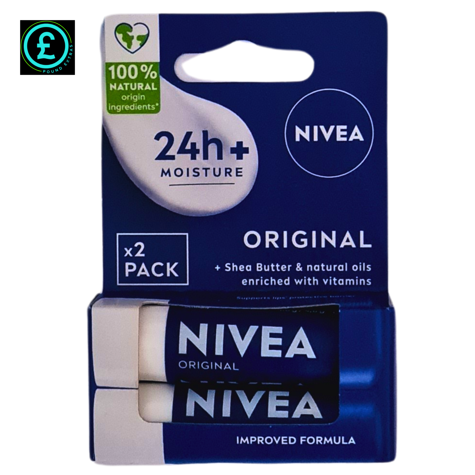 Nivea Original 24h+ Moisture cream packaging with two cream sticks on a white background