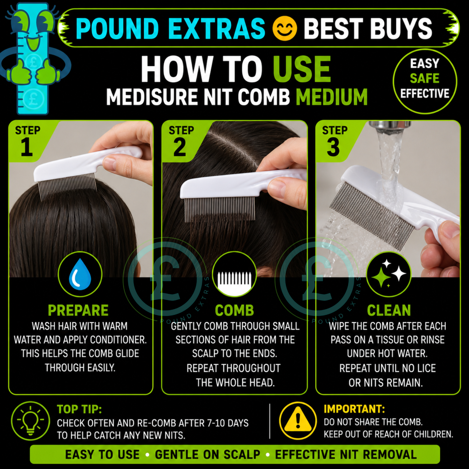 Nit Comb Fine Toothed Lice & Nits Remover Medisure Metal Teeth Kids Adults ❤️11