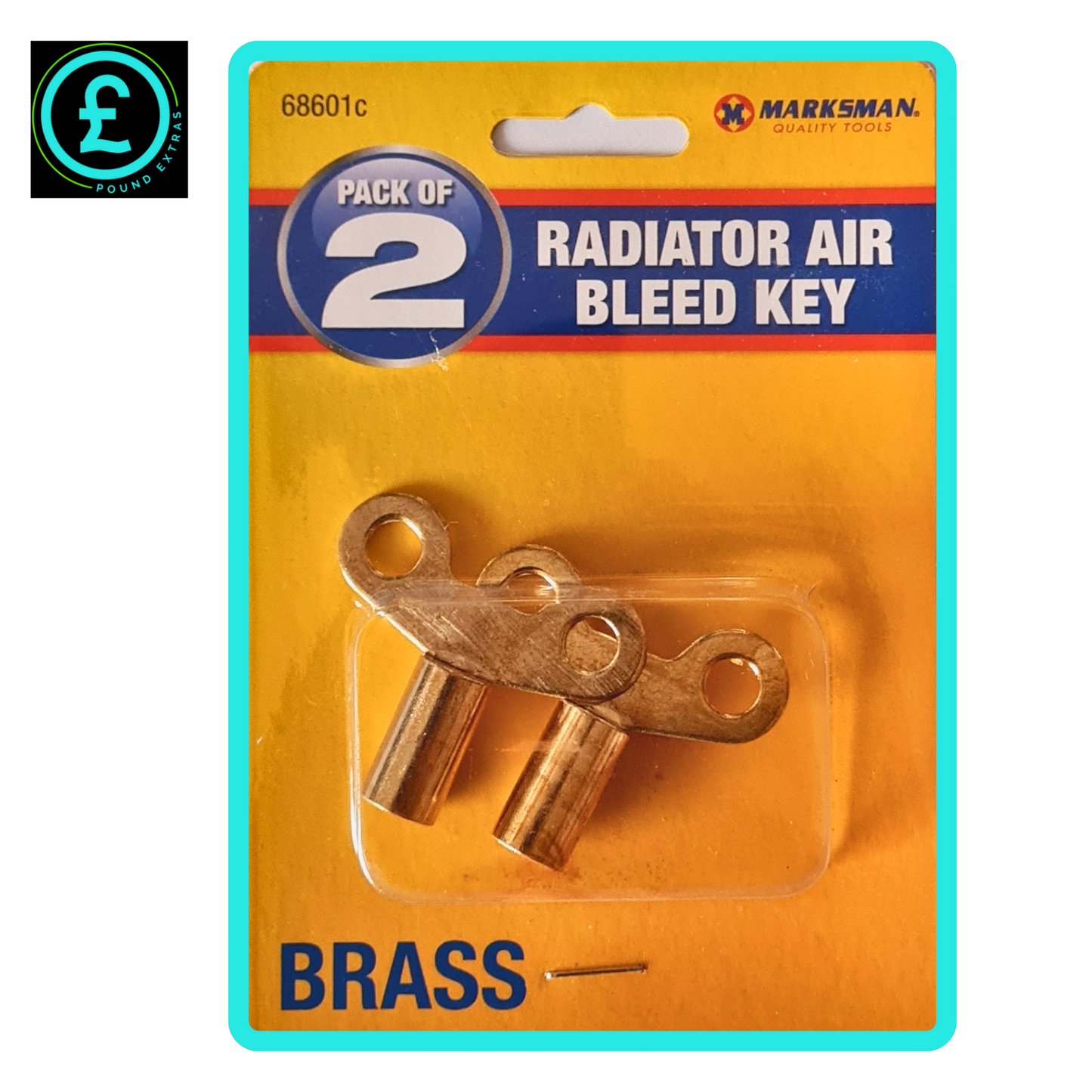 Pack of 2 brass radiator air bleed keys on a yellow and blue packaging with 'Marksman' branding.