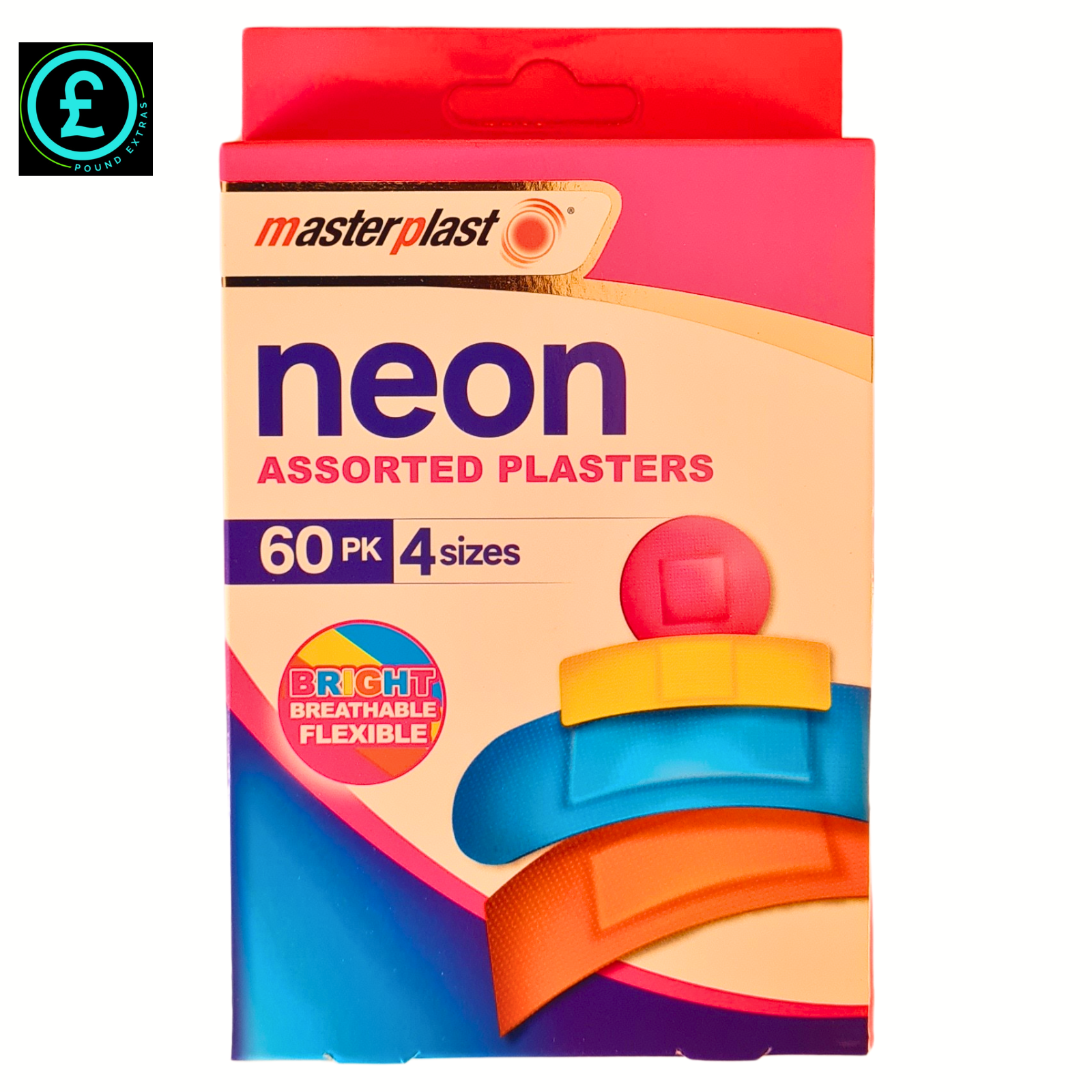 ❤️ POUND EXTRAS 😊 Neon Plasters 60 Pack 💚 waterproof, breathable & hypoallergenic — 4 assorted sizes for quick, hygienic first aid protection!