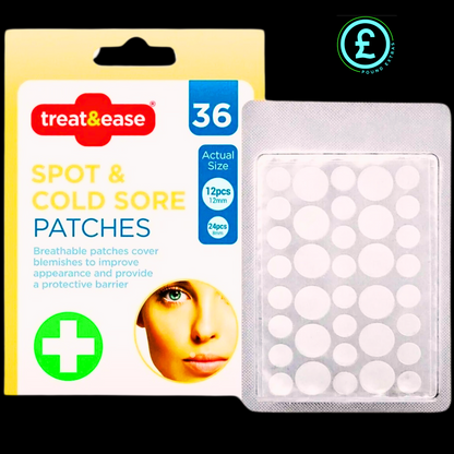 Treat & Ease spot and cold sore patches packaging with visible patches on a black background