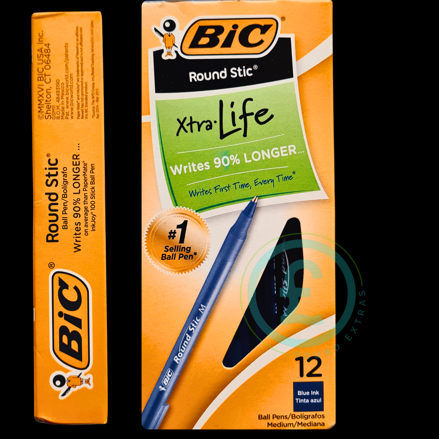 BIC Round Stic Xtra Life ball pen packaging with a blue pen inside on an orange background