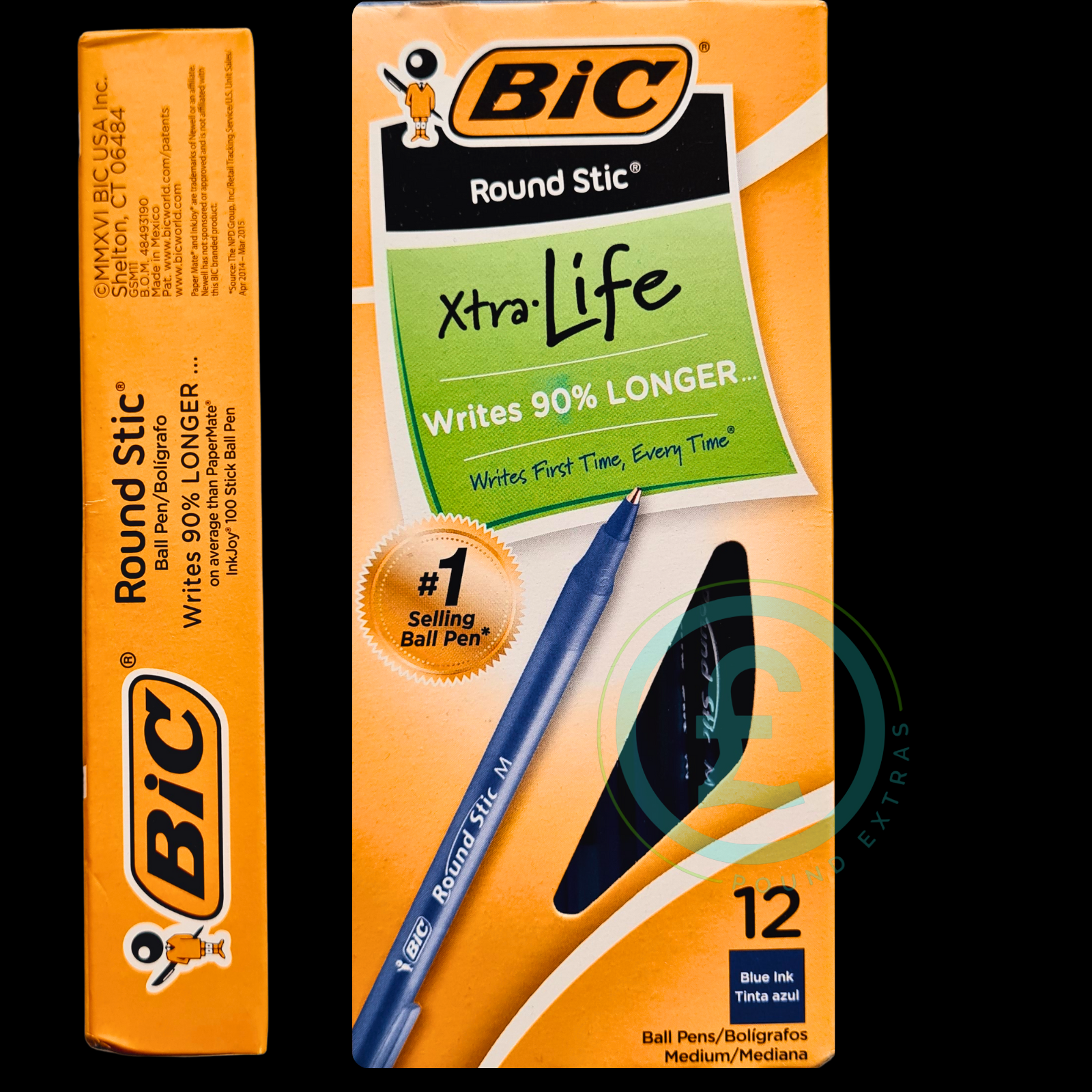 BIC Round Stic Xtra Life ball pen packaging with a blue pen inside on an orange background