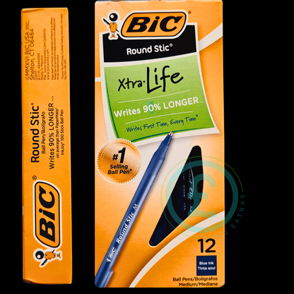BIC Round Stic Xtra Life ball pen packaging with a blue pen inside on an orange background