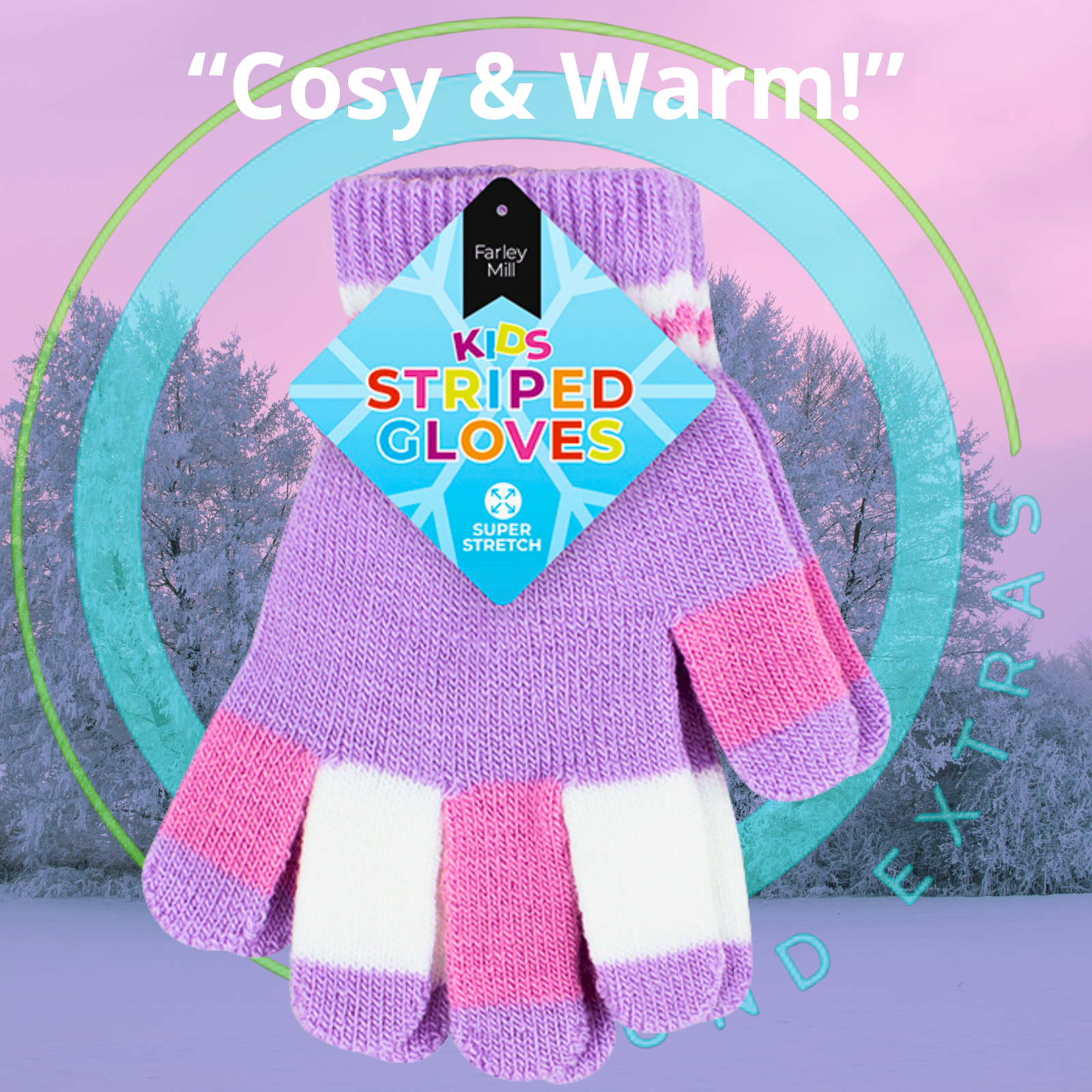 Striped gloves with a 'Cosy & Warm!' tag on a winter-themed background