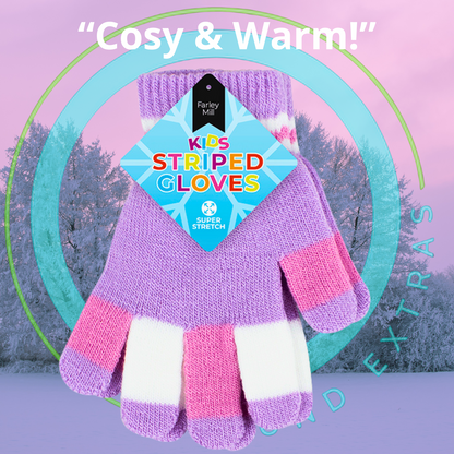 Striped gloves with a 'Cosy & Warm!' tag on a winter-themed background