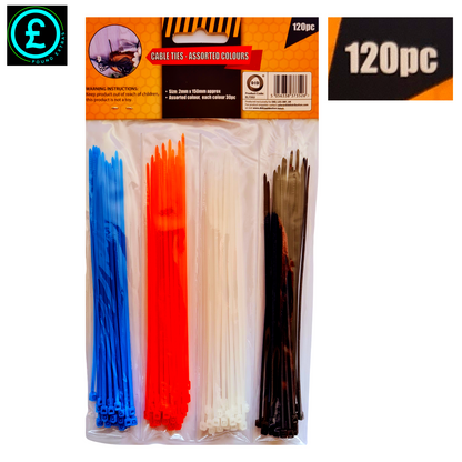 Packaged cable ties in blue, red, and black with a clear window showing the contents.