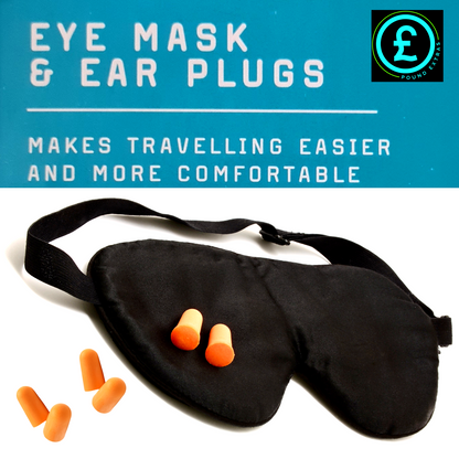 Black eye mask and orange earplugs on a white background with promotional text.