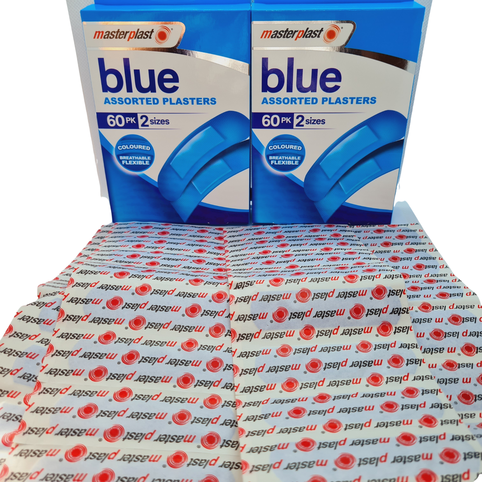 Two boxes of Masterplast blue assorted plasters on a branded surface.
