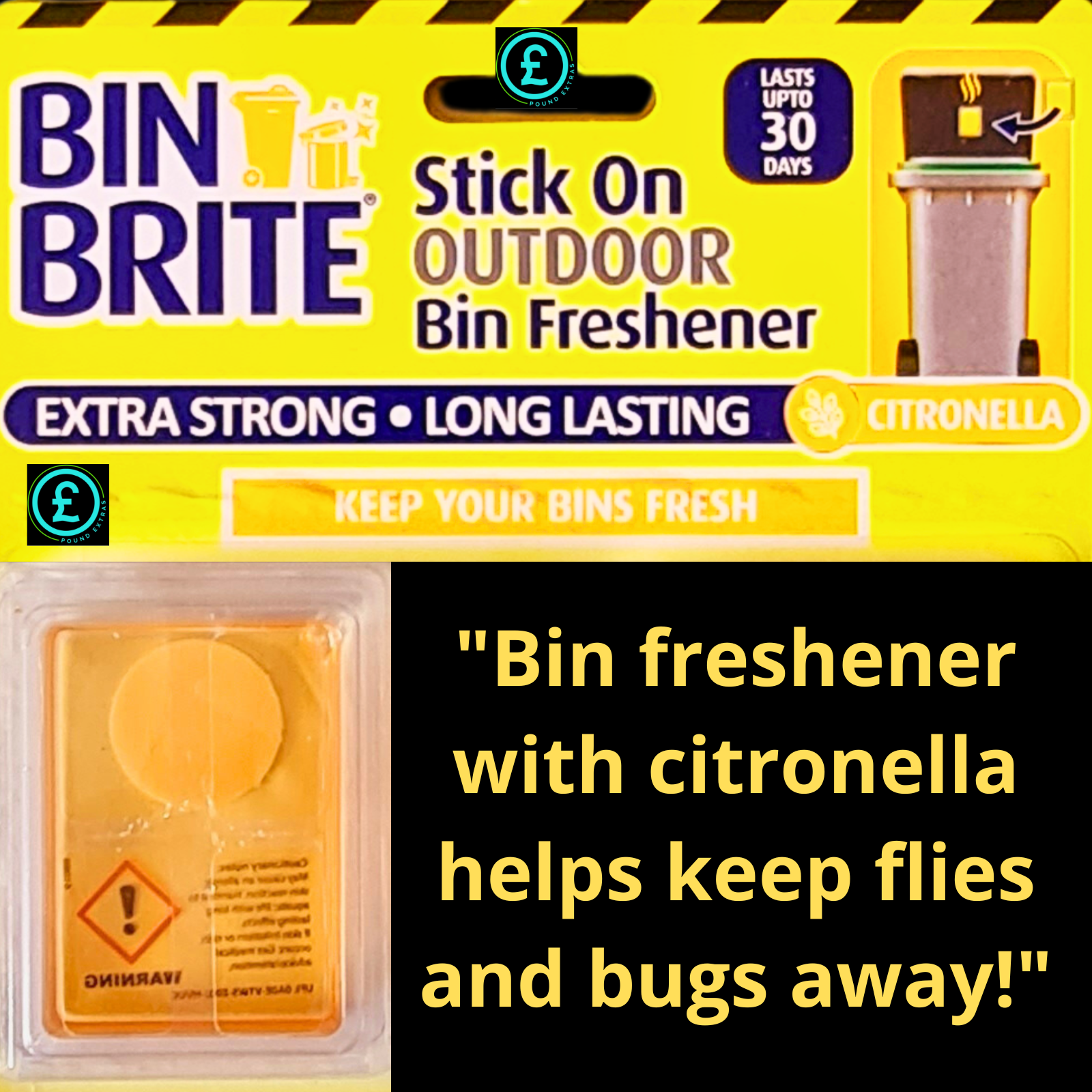 BIN BRITE stick-on outdoor bin freshener packaging with text on a yellow background