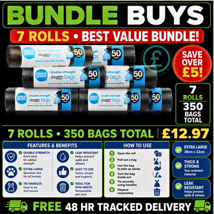 Doggy Bags 350 Pack 7 Roll Bundle Extra Large Tie Handles Thick Double Strength2