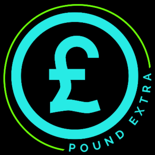 Logo with pound symbol and 'Pound Extra' text on a black background