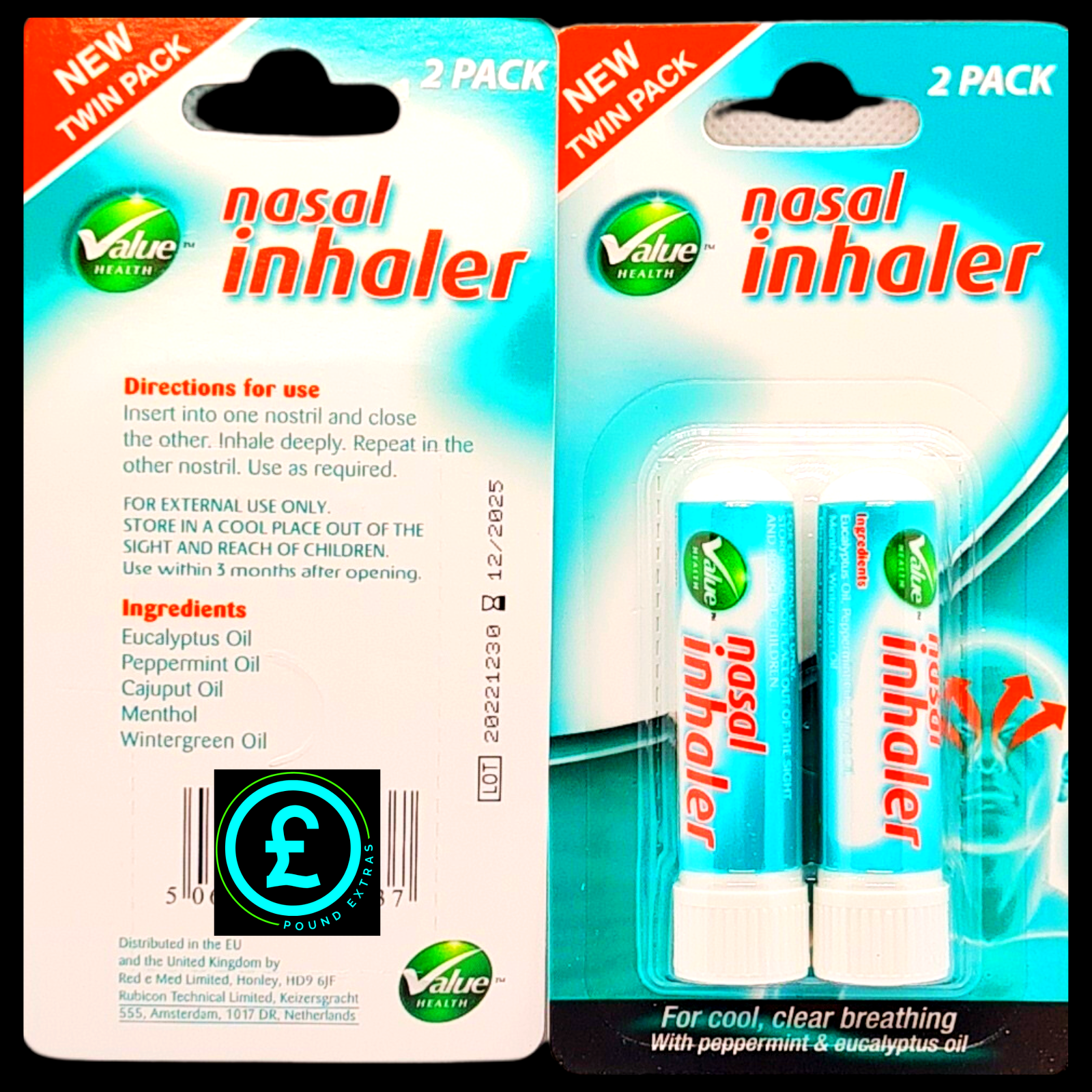❤️ POUND EXTRAS 😊 Nasal Inhaler Sticks 💚 twin pack with peppermint & eucalyptus for fast sinus relief – unblock nose & refresh breathing naturally.