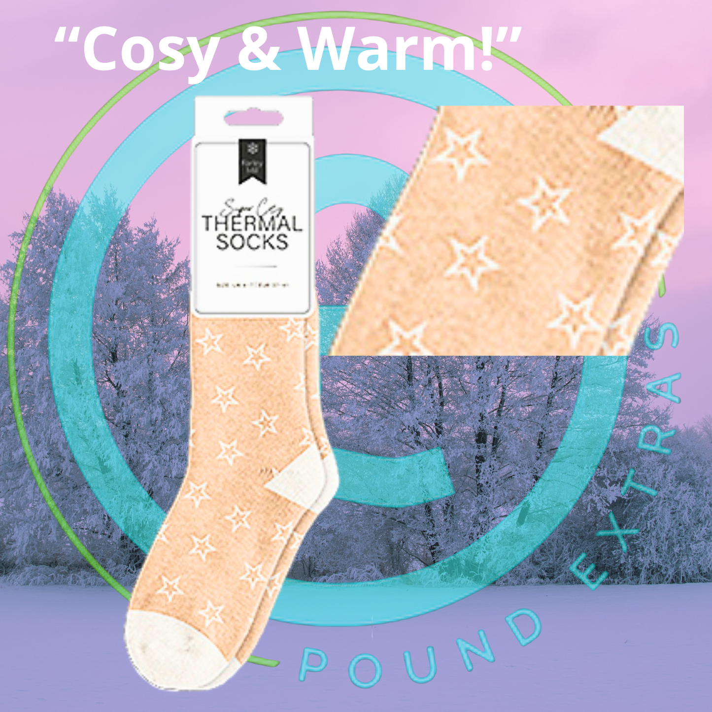 Packaged beige thermal socks with star pattern on a purple background with text 'Cosy & Warm'.