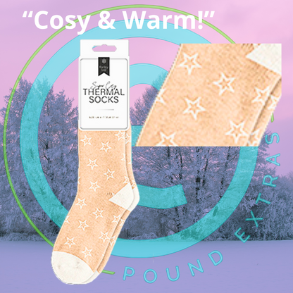 Packaged beige thermal socks with star pattern on a purple background with text 'Cosy & Warm'.