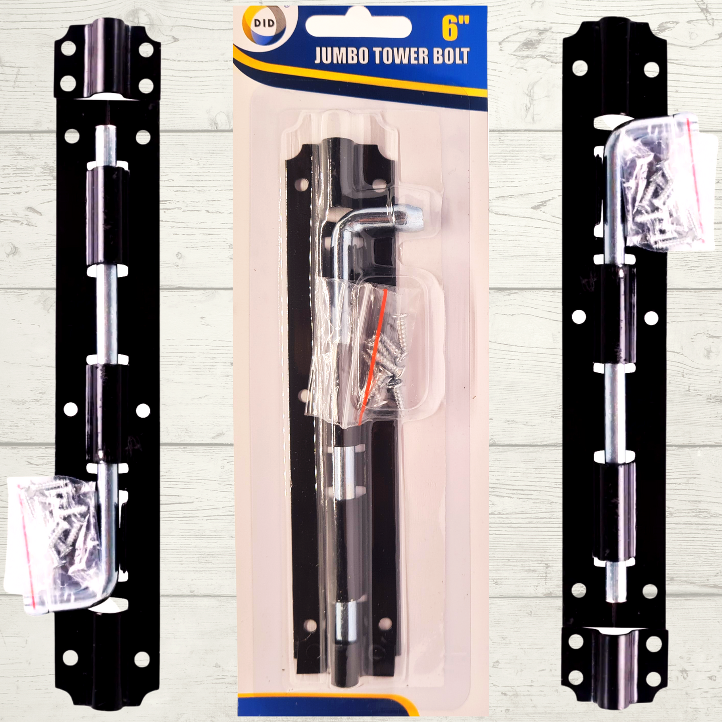 Jumbo tower bolt set with packaging on a wooden surface