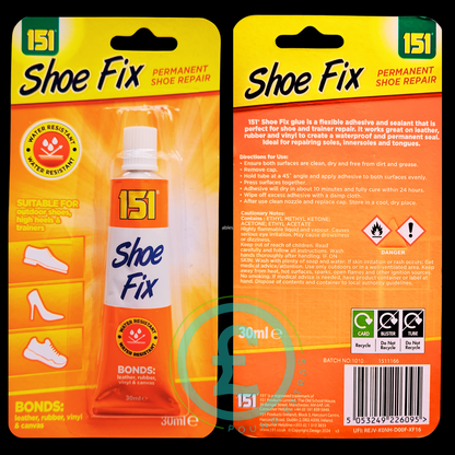 Two packages of 151 Shoe Fix permanent shoe repair glue on a black background