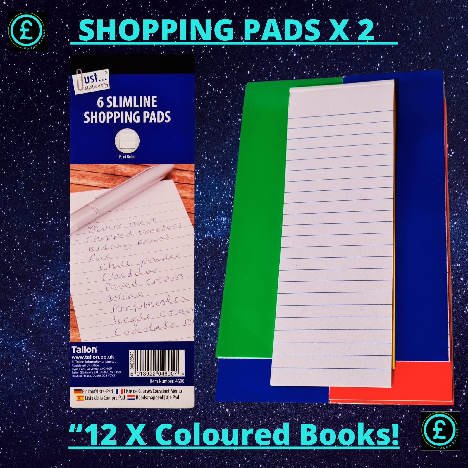 Two slimline shopping pads with a colorful design on a blue background